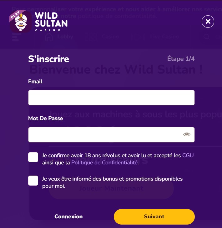 Création d'un compte Wild Sultan Casino